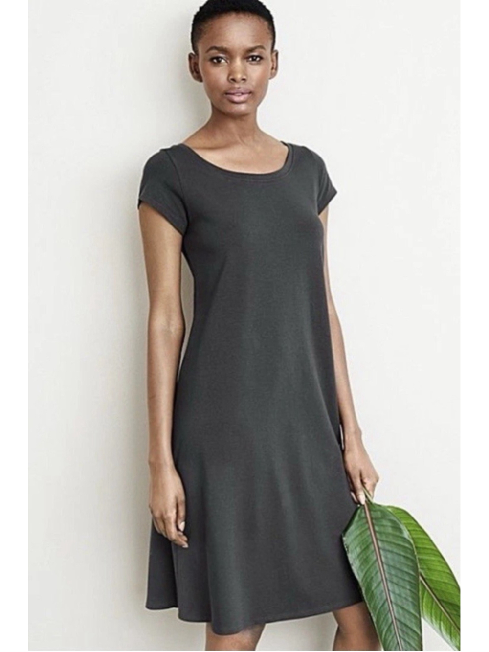 Eileen Fisher Organic Cotton Cap Sleeve Dress Large Gray Minimalist Stretch Chic